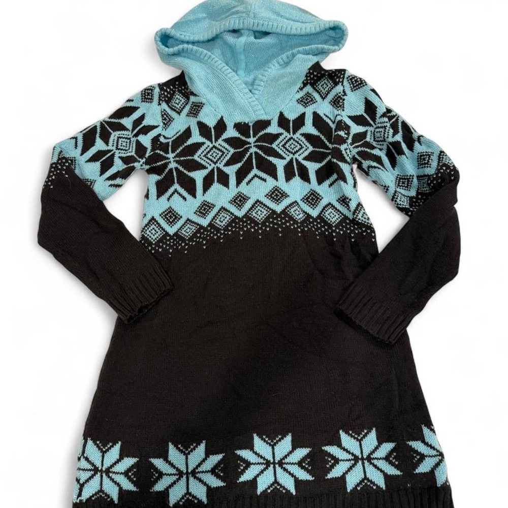 Justice Girls Black Blue Snowflake Fair Isle Hooded Sweater Dress Size 12 2011